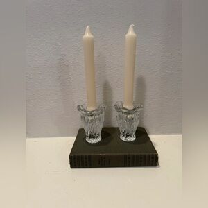Vintage Pair of Oneida Tulip Shaped Heavy Cut Crystal Clear Candlestick Holders